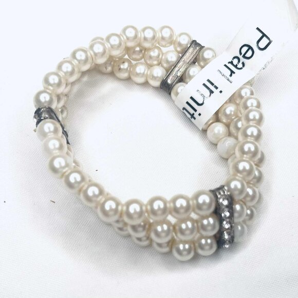 Vintage Imitation Pearl Stretch Bracelet with Rhinestone Spacers - Picture 5 of 7